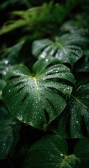 Fototapeta premium Close-up of lush, dark green monstera leaves covered in water droplets