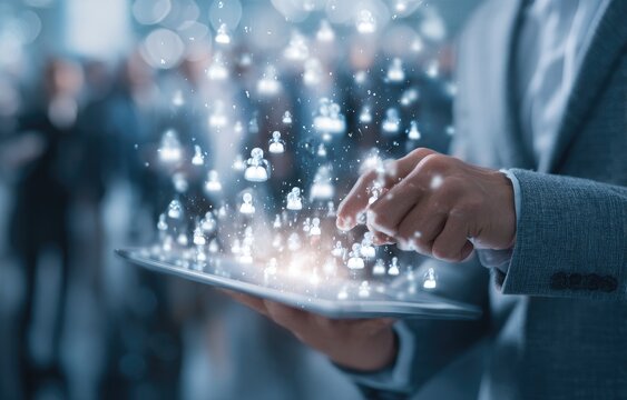 Person interacting with a tablet, digital people icons appear - Powered by Adobe