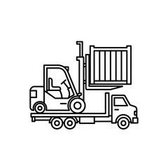 Line art illustration of a forklift loading a shipping container onto a flatbed truck for logistics and freight.