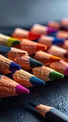 Close up of a group of colorful sharpened colored pencils art supplies.