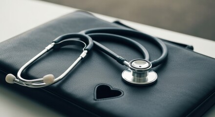 A stethoscope rests on a dark gray/black case, a heart-shaped cutout visible