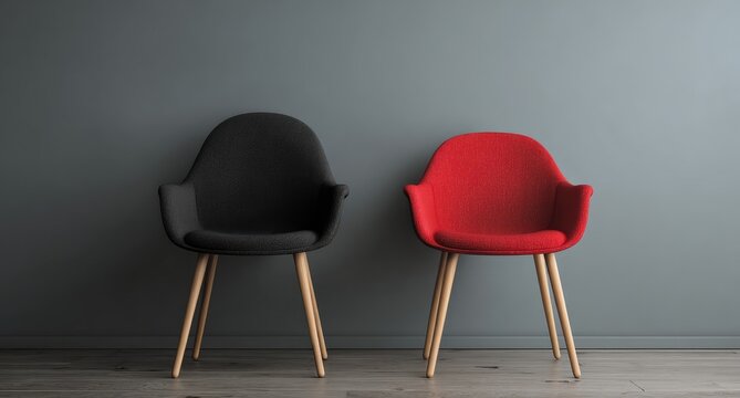 Two modern chairs, black and red, facing front, against a muted gray wall