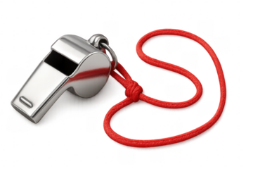Metal sports whistle with red cord on transparent background