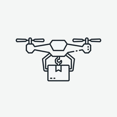 Line art icon of a delivery drone, a quadcopter UAV carrying a package with a robotic claw for shipping.