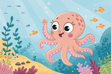 Cartoon Octopus Underwater with Fish and Plants