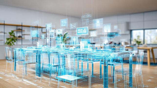 Modern office space with holographic digital interface overlay on furniture and workspace - Powered by Adobe