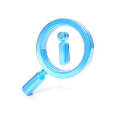 3D search for information icon. A magnifying glass with an 'i' symbol for research, help, and support, isolated on a white background.

