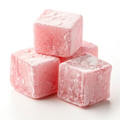 A pile of pink, rose-flavored Turkish Delight (lokum), isolated on a white background