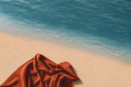 Relaxing beach scene with ocean waves, sandy shore, and orange towel ready for sun