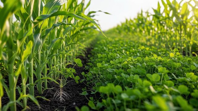 Medium shot highlighting the pairing of leguminous plants with tall stalk crops emphasizing natural nitrogen fixation and improved yield through companion planting methods.