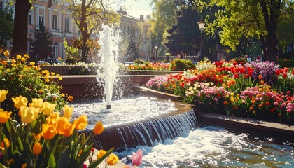 A sunny urban park features a tiered fountain cascading into a pool, surrounded by vibrant flowerbeds and lush greenery. Buildings frame the distant background