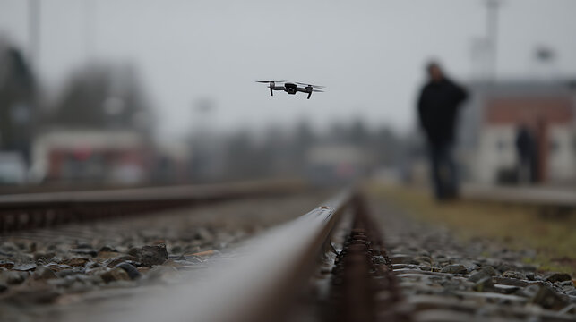 Drone flying over railway tracks with a person in the background