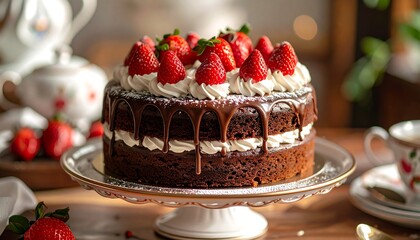 Delicious chocolate cake adorned with strawberries