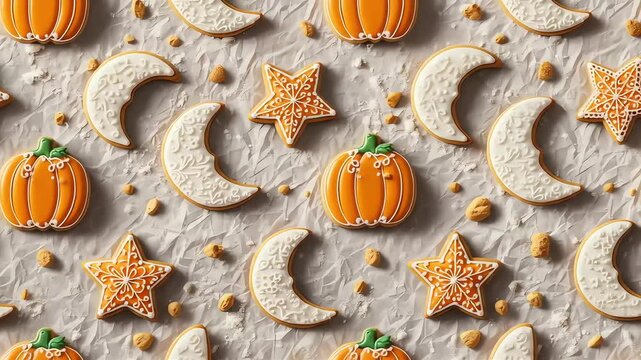 Vibrant Autumn Cookies Pattern Delicious Pumpkin Star and Moon Gingerbread Treats.