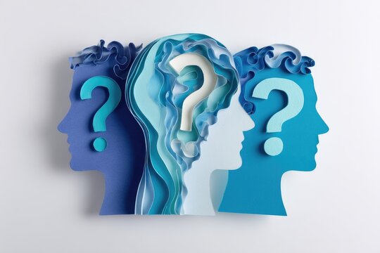 Three profile heads, layered, with question marks, pondering - Powered by Adobe
