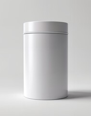 White cylindrical metal tin canister with removable lid on neutral gray background soft studio lighting subtle shadow blank label product packaging mockup minima