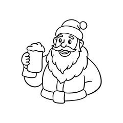 Christmas coloring page of Santa Claus holding a hot drink. Fun and simple outline illustration perfect for children’s activities