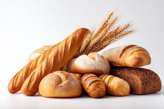 Assortment of Baked bread. Loaf of Bread. Fresh Bakery Products. Healthy Food Concept. Top View. Homemade Sourdough Bread Variety with Flour on a White Background. Wheat Spikes. Close Up. Advertising