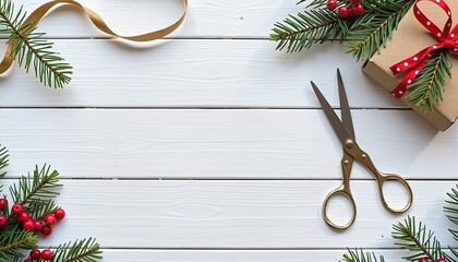  Wrapped christmas gift and scissors on white wooden background
