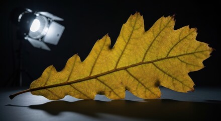 A studio shot of a solitary, autumnal oak leaf, illuminated by a focused light source
