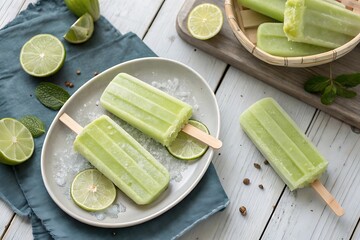 Healthy lime yogurt ice pops, top view table scene against a rustic wood on AI Generated