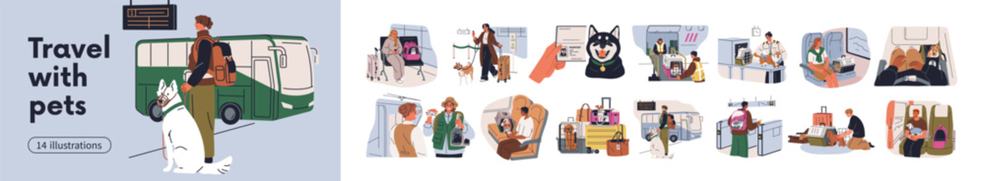 Travel with pets. People with dogs and cats in carrier, cage boxes, backpack in plane, train and bus. Cute animals in trip, journey, transport. Flat vector illustrations isolated on white background.