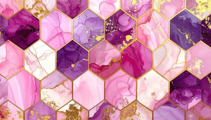 Abstract honeycomb pattern with vibrant pinks and purples, outlined in gold