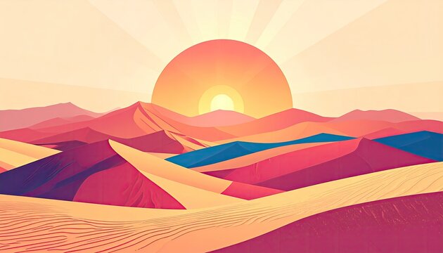Desert sunrise, stylized, vibrant colors