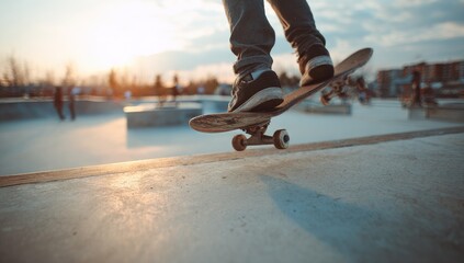 Close-up of skateboarder mid-trick at sunset skatepark