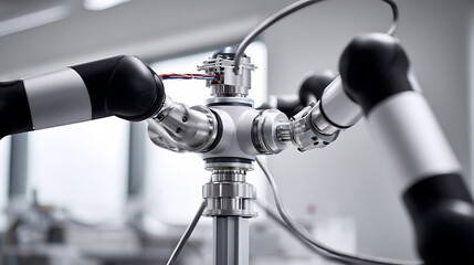 Close-up of a robotic arm with multiple joints and cables in a laboratory setting