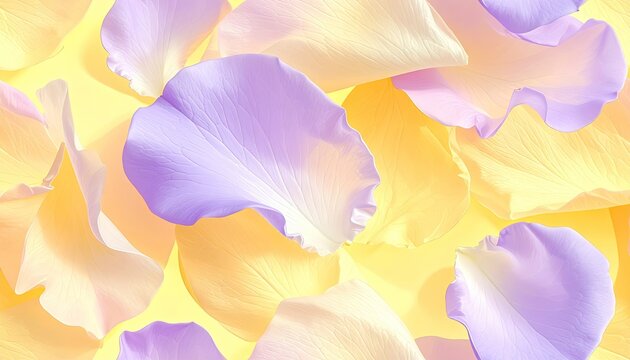 Delicate, pastel-colored rose petals scattered on a pale yellow background