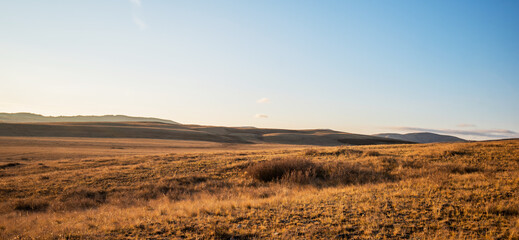 Expansive golden grassland with rolling hills under a clear sky at sunset, conveying a sense of...