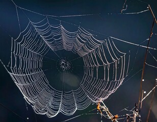 Dew-kissed spider web at night