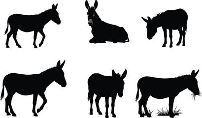 Donkey silhouette vector set, farm animal illustration, black donkey artwork, grazing donkey clipart, domestic animal design, standing donkey drawing, wild donkey