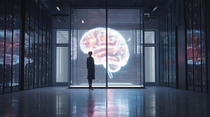 Woman Standing in Modern Data Center with Digital Brain Visualization