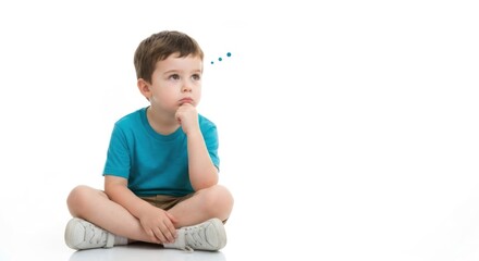 A thoughtful young boy sits, pondering