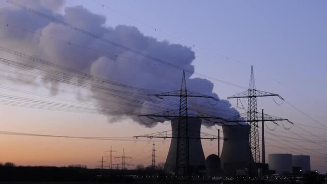 Zeitraffer-Video am Atomkraftwerk Gundremmingen in Bayern (inzwischen stillgelegt) vom Tag zur Nacht mit den K&uuml;hlt&uuml;rmen und Wasserdampf - FOTOMONTAGE
