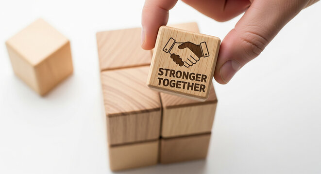 Hand placing a 'stronger together' block onto a tower of wooden cubes symbolizing unity teamwork and shared goals success building