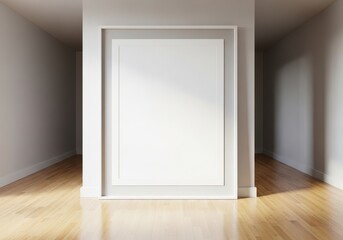 Obraz premium Empty poster frame template leaning against a white wall in a modern sunlit corridor with a reflective hardwood floor, a standard background for display