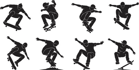 Skateboarder silhouette set, mid-air tricks, dynamic motion, black vector art, urban sport, jump pose, extreme action, youth culture, skateboarding style
