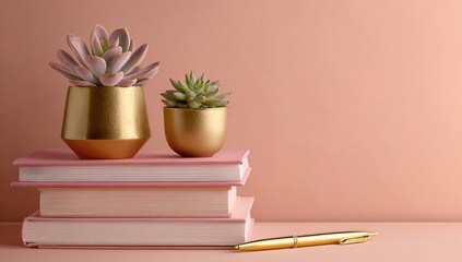 Two succulents in gold pots on a stack of pink books, next to a gold pen