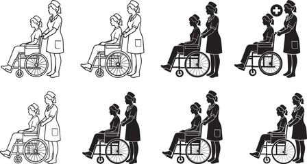 Nurse and wheelchair patient silhouette set, healthcare support, medical care evolution, black vector art, caregiver interaction, hospital scene, disability awareness, icon transition