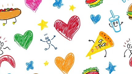 Doodle Style Fast Food and Hearts Pattern