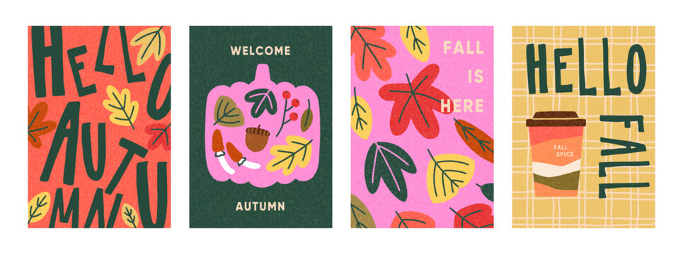 Autumn season posters set. Hello fall, vertical card designs, backgrounds with colorful leaves, pumpkin, coffee cup, bright foliage, leaf, nature in modern trendy style. Flat vector illustrations.