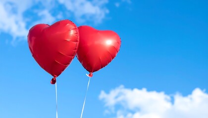 Two red heart-shaped balloons float against a vibrant blue sky with fluffy clouds