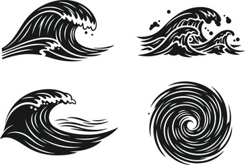 Naklejka premium Four wave illustrations, including ocean, sea, and spiral waves