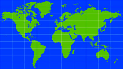 A minimalist world map, with the continents highlighted in green against a vibrant blue ocean backdrop. A white coordinate grid lends a rigorous, scientific feel to the image.