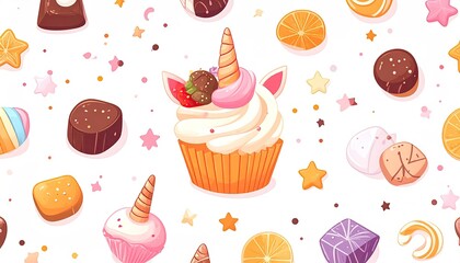 Sweet unicorn cupcake and candy pattern