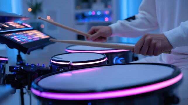 Drummer Playing Electronic Drum Kit with Illuminated Drums