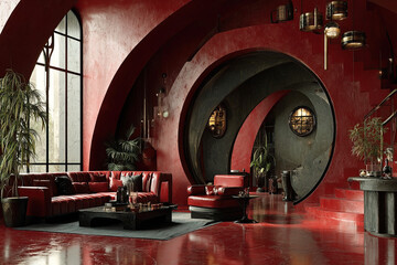High detail avant garde interior design showcasing bold red tones in a contemporary space